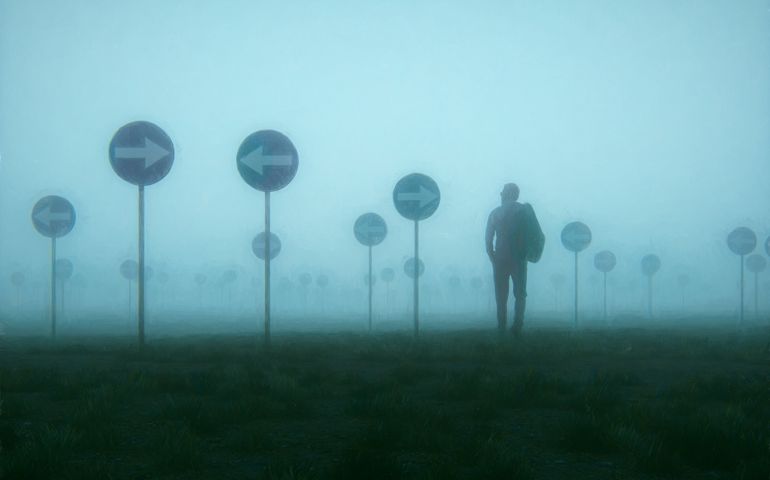 Lost and confused businessman walking in meadow. This is entirely 3D generated image.