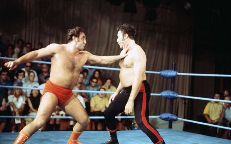 LOS ANGELES, CA - OCTOBER, 1970: Professional wrestler Rocky Montero of the United States wrestles against Takachiho of Japan circa October, 1970 in Los Angeles, California.