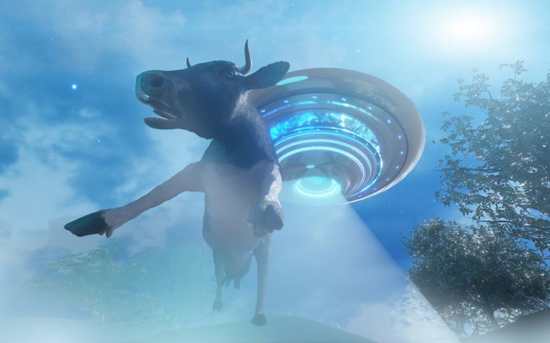 Cow abducted by a UFO on the farm pulling of the alien spacecraft render 3d