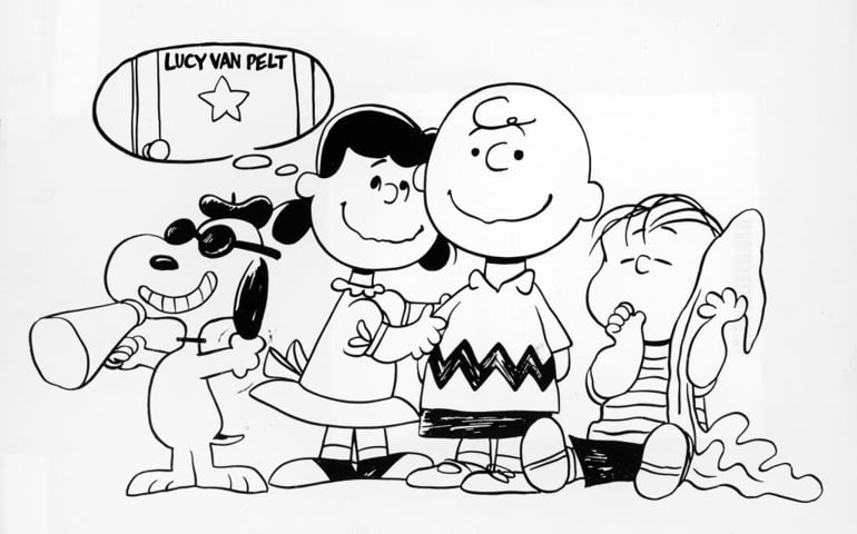 Snoopy, Lucy. Charlie Brown, and Linus stand in a line in a drawing from the Charles Schultz (1922 - 2000) comic strip, 'Peanuts,' 1968.