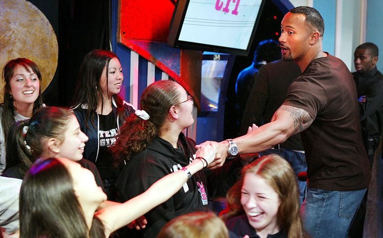NEW YORK - MARCH 30: (U.S. TABS OUT) Dwayne "The Rock" Johnson appears on stage during MTV's Total Request Live at the MTV Times Square Studios March 30, 2004 in New York City.