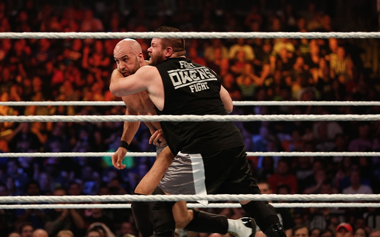 NEW YORK, NY - AUGUST 23: Kevin Owens and Cesaro battle it out at the WWE SummerSlam 2015 at Barclays Center of Brooklyn on August 23, 2015 in New York City.