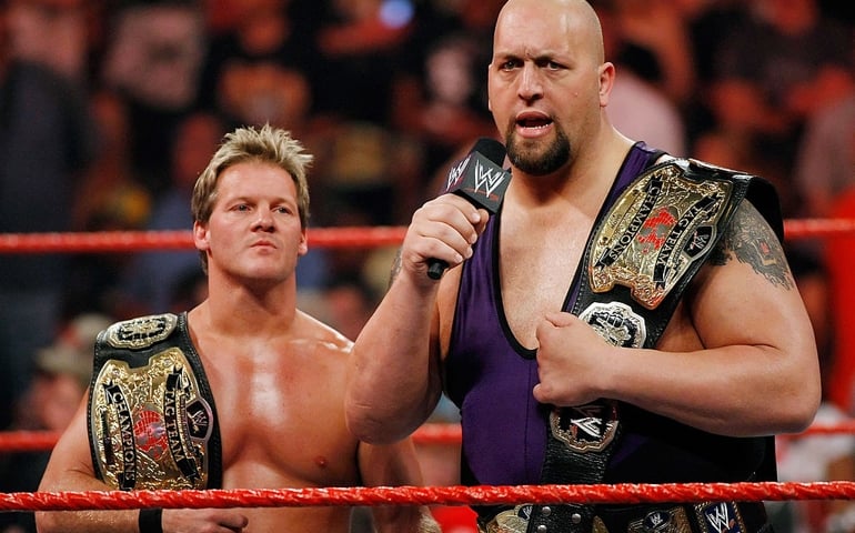 LAS VEGAS - AUGUST 24: Wrestlers and tag team partners Chris Jericho (L) and Big Show appear in the ring during the WWE Monday Night Raw show at the Thomas &amp; Mack Center August 24, 2009 in Las Vegas, Nevada.