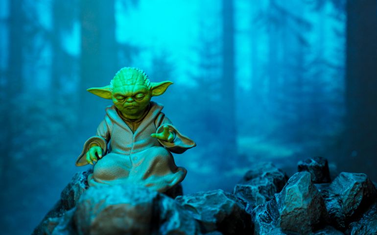 A setting display of Master Yoda, an action figures, sitting on the rock with forest background.