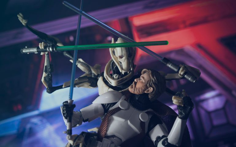 Recreation of a scene from Star Wars The Clone Wars with Obi Wan Kenobi battling Separatist General Grievous