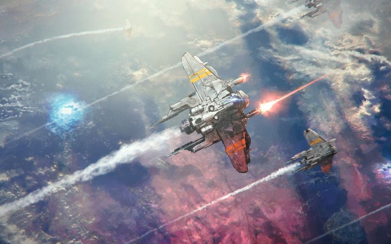 A spaceship flying above the sea of cloud of a planet, shooting lasers in a battle. A few other ships fly in formation below.
