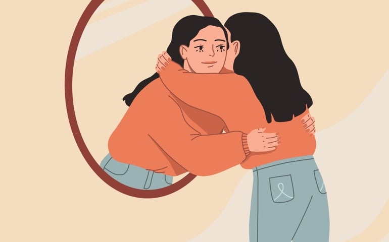 Young woman hugging her own reflection in the mirror. Love yourself, self care, self acceptance concept. Hand drawn vector colorful funny cartoon style illustration