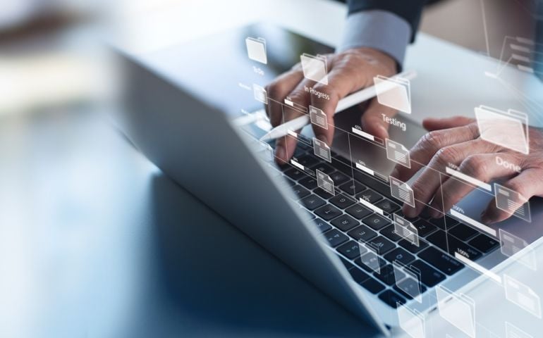 Business developer using Kanban board framework on laptop computer. Agile software development lean project management tool for fast changes, project management concept