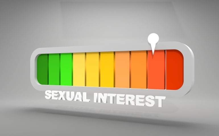 Sexual interest meter scale with pointer. The libido level measuring device icon. Sign tachometer, speedometer or indicator. Infographic gauge element. 3D render. 3D Illustration
