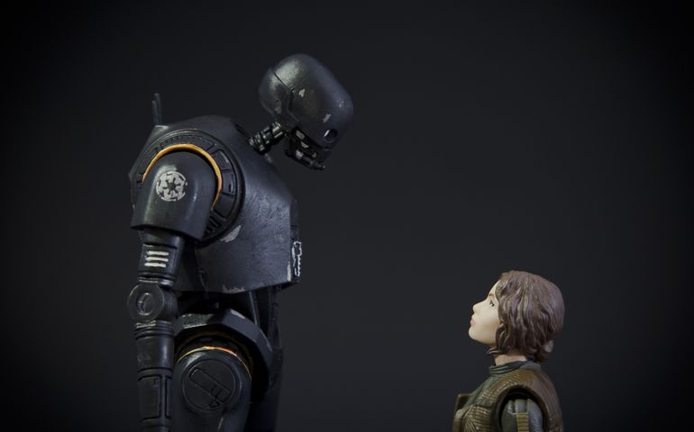 Star Wars Rogue One characters Jyn Erso played by Felicity Jones and the Droid K-2SO - using Hasbro Black Series 6 inch action figures