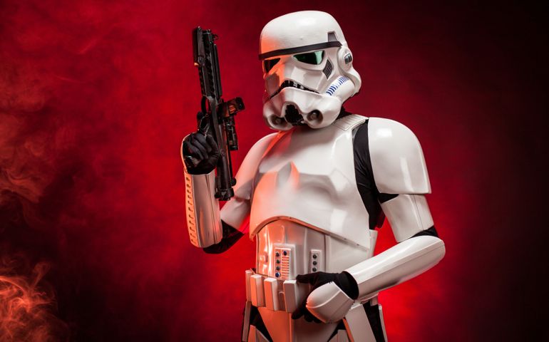 Studio portrait of stormtrooper costume replica