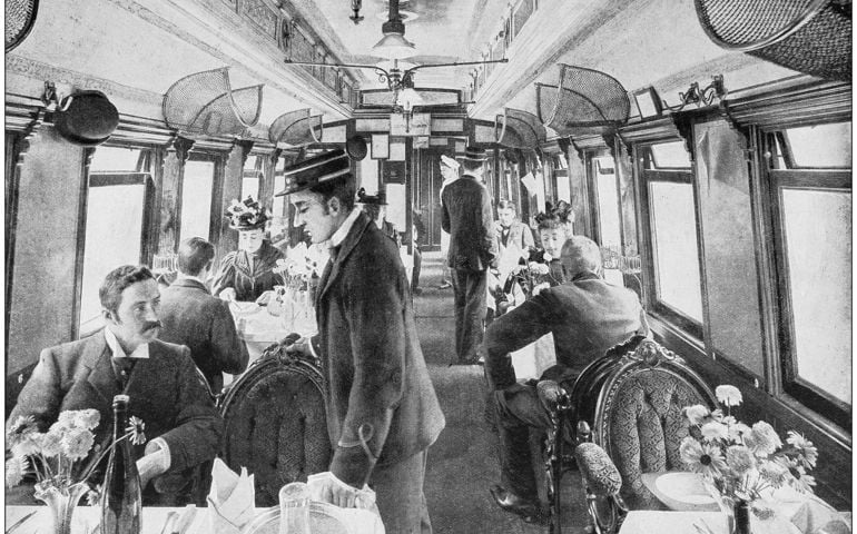 Antique photograph of the British Empire: Dining car in the Great Northern Railway, England