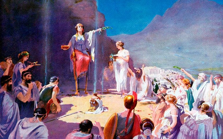 'Consulting the Delphic Oracle', 19th century. Known as Pythia, or Sybil, the Priestess of the temple of Apollo at Delphi was the most famous Ancient Greek oracle. The position was only held by celibate woman over 50 whose words were delivered to supplicants in song. The predictions of the oracle of Delphi had great influence across the Greek world, and she was consulted before any great undertaking. (Photo by Ann Ronan Pictures/Print Collector/Getty Images)