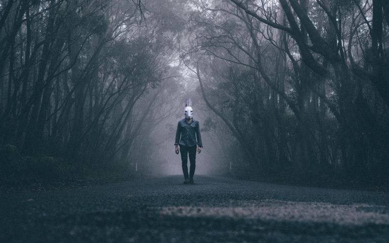 Man Wearing Rabbit Mask On Forest Road