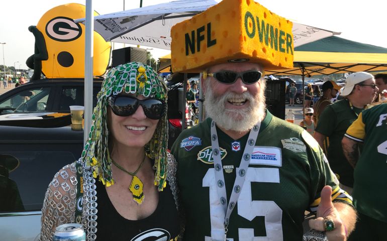 Packer fans during at tailgate party at Lambeau Field