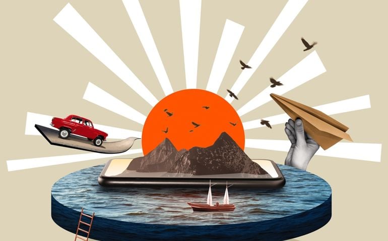 Traveling by different modes of transport by car, plane, ship. Concept of online tour booking.