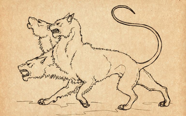 Illustration with hand-drawn cerberus. Mystical creature and legendary beast. Ancient Greek myths and legends. Vintage sketch drawing. Heraldry and logo concept art.
