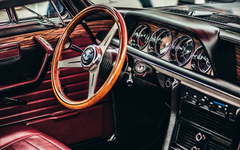 Car exhibition, gorgeous interior of BMW E9, classic car