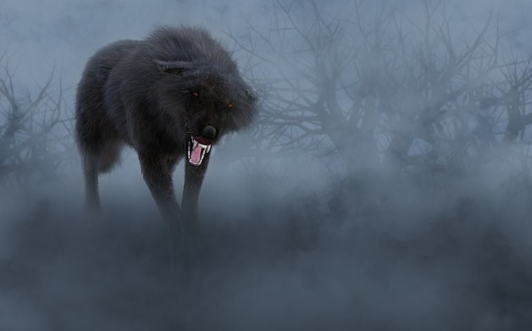 3D rendering of a black growling aggressive wolf with glowing red eyes in a dark mysterious foggy forest.