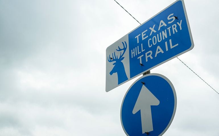 Hill Country Trail sign along Main Street in Fredericksburg, Texas.
