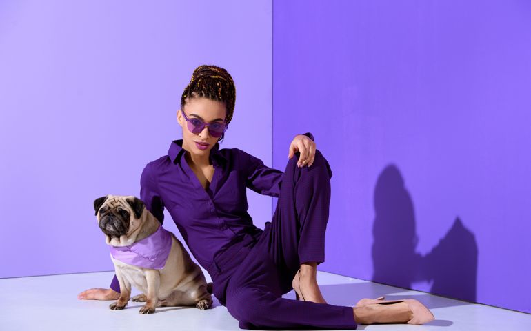 fashionable african american girl posing in purple suit with pug, ultra violet trend