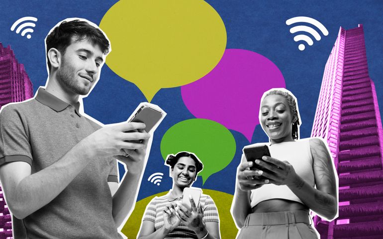 Collage of modern adults using smart phones in city with wifi signals