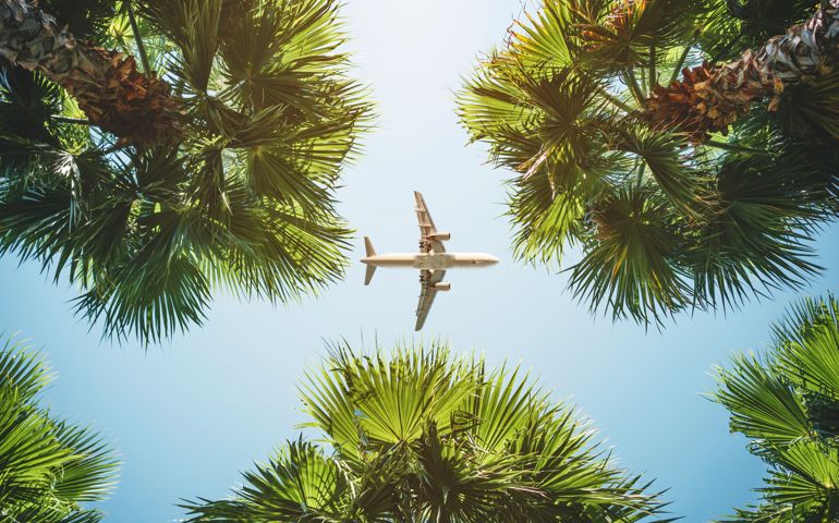 airplane flight. tropical vacations.