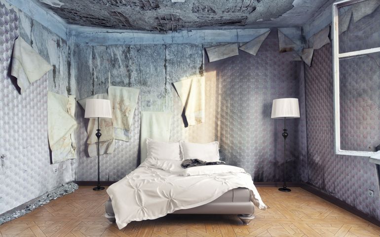 luxury bed in abandoned interior