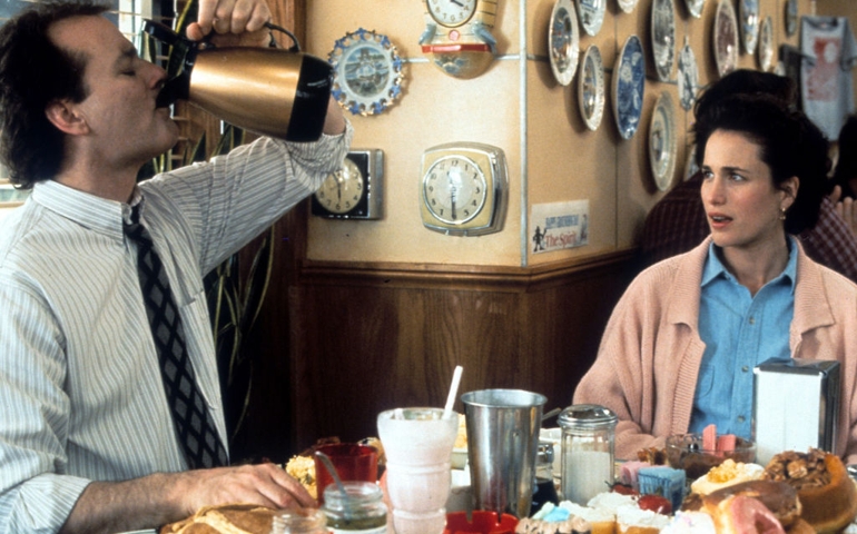 Bill Murray and Andie MacDowell in a scene from the film 'Groundhog Day', directed by Harold Ramis, 1993.