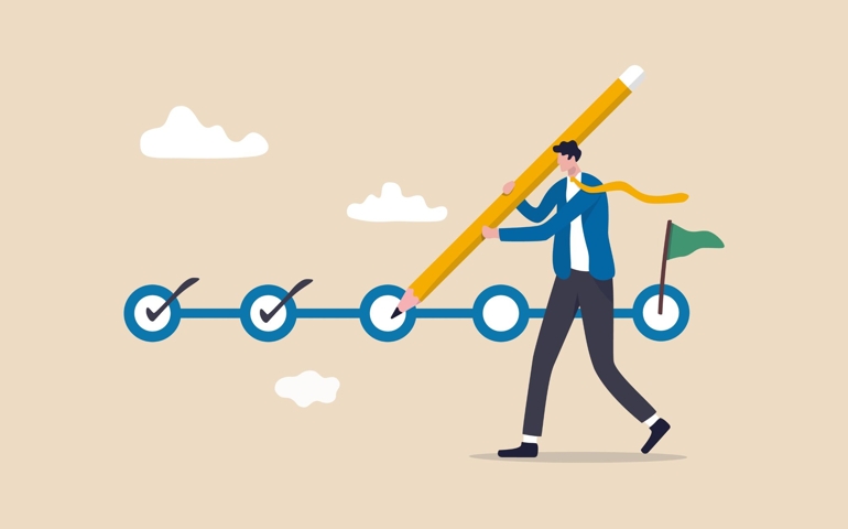Project tracking, goal tracker, task completion or checklist to remind project progress concept, businessman project manager holding big pencil to check completed tasks in project management timeline.