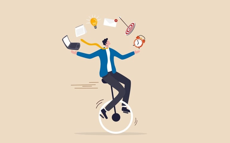Productive master, productivity and project management skill, multitasking work and time management concept, skillful businessman riding unicycle juggling elements, laptop, calendar, ideas and emails.