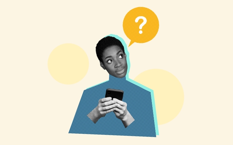 Vertical collage picture of minded black white colors person hold smart phone question mark mind bubble contemplate isolated on beige background