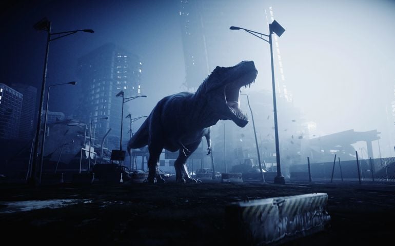 terrible dinosaur trex in the night destroyed city. Apocalypse concept. 3d rendering