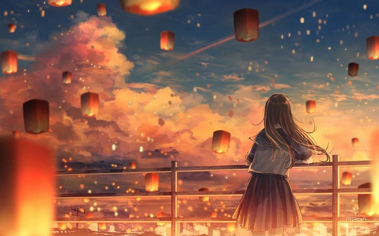 Anime Girl Sky Lantern Sunset Fantasy Digital Art Landscape Wallpaper