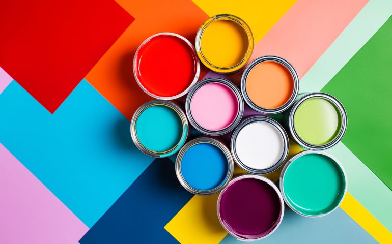 Top view of open cans with bright multicolored paints arranged on colorful geometric background representing concept of home repair and renovation supplies