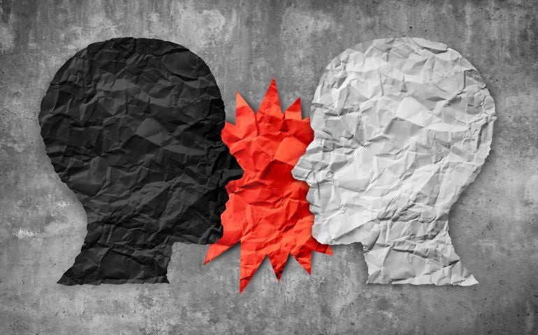 Culture war between right and wrong or conservative and liberal political clash of ideas as a 3D illustration style.