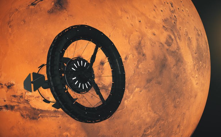 Space station orbiting Mars.