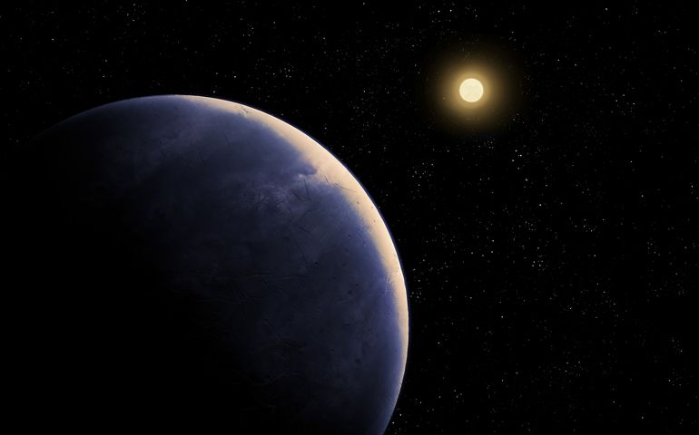 Earth-like planet near the star. Super-earth with atmosphere near the sun. Abstract background image.