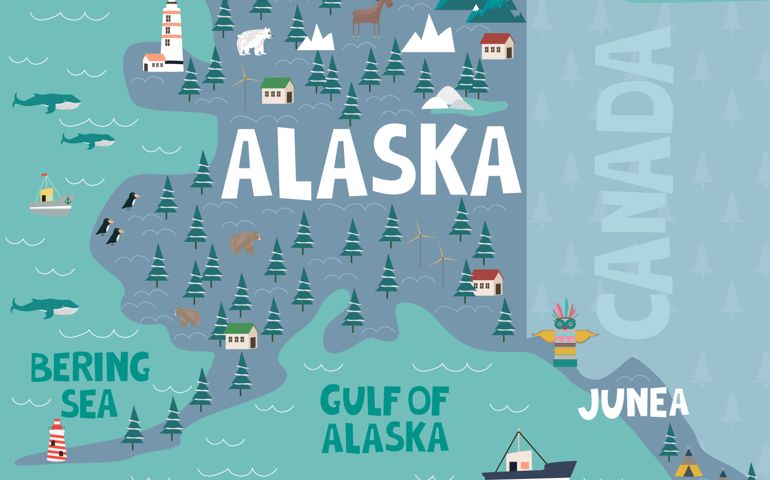 Illustrated map of the state of Alaska in United States with cities and landmarks
