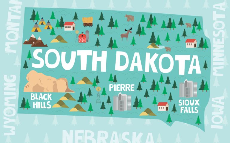 Illustrated map of the state of South Dakota in United States with cities and landmarks