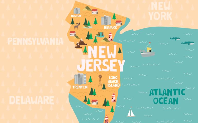 Illustrated map of the state of New Jersey in United States with cities and landmarks