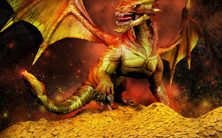 Fantasy scene with red dragon on a pile of gold