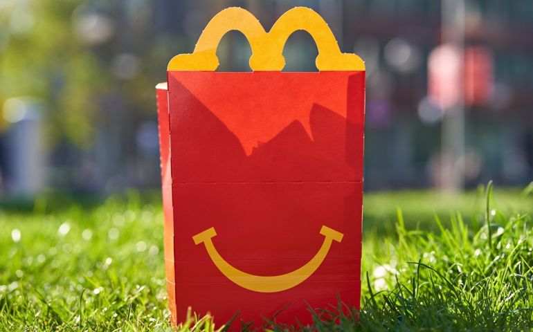 A Mc Donald's Happy Meal box in a meadow on a sunny da