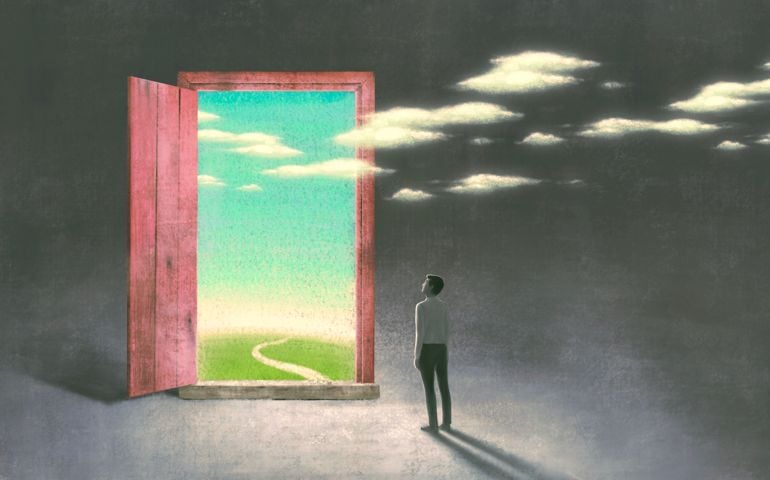 Surreal art of dream success and hope concept , imagination artwork, ambition idea painting illustration, man with nature in a door