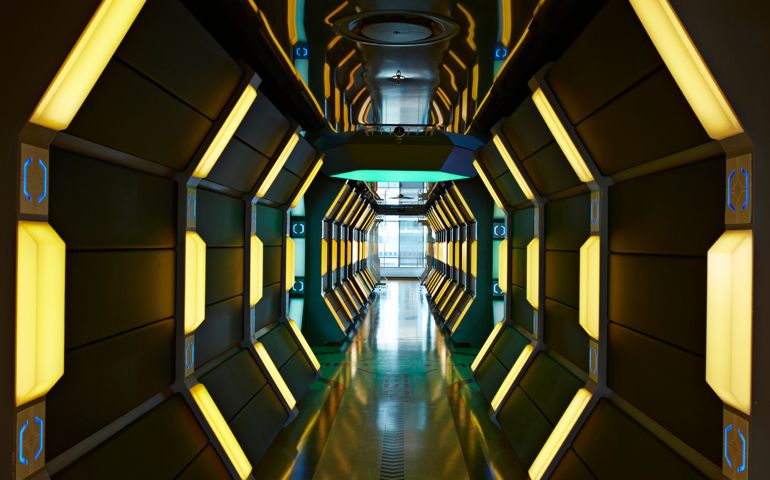 Interior shots of incredible high tech office, custom designed in futuristic spaceship style.