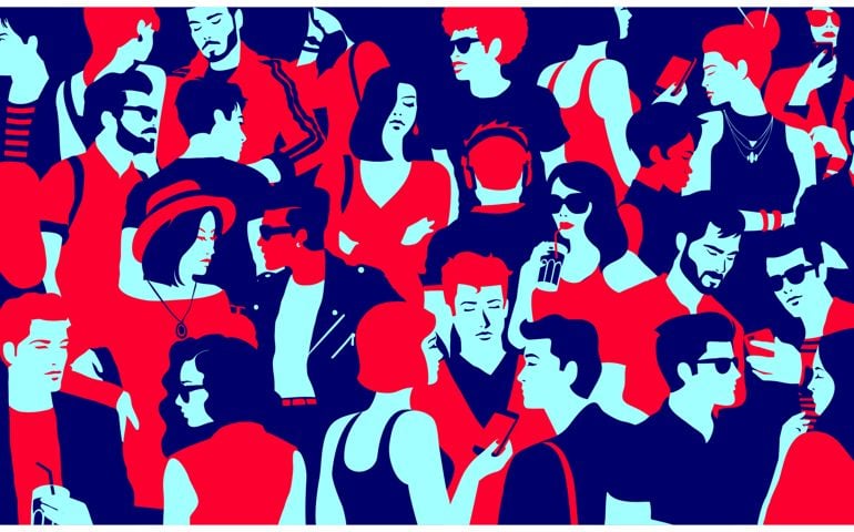 Stylized silhouette of crowd of people, casual mixed group of young adults hanging out, chatting or drinking gathered for nightlife event, simple minimal pop art style flat design vector illustration