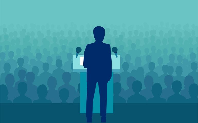 Vector illustration of a businessman or politician speaking to a large crowd of people