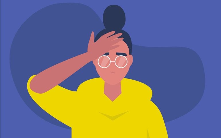 Facepalm gesture. Problem. Trouble. Young female character with a hand palm on a forehead. Conceptual flat editable vector illustration, clip art