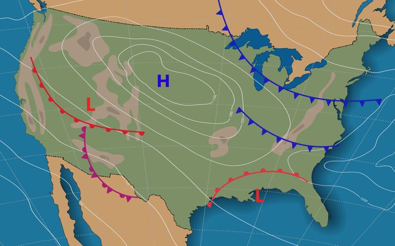 Weather forecast USA. Meteorological weather map of the United State of America. Realistic synoptic map USA with aditable generic map showing isobars and weather fronts. Topography and physical map.EPS 10