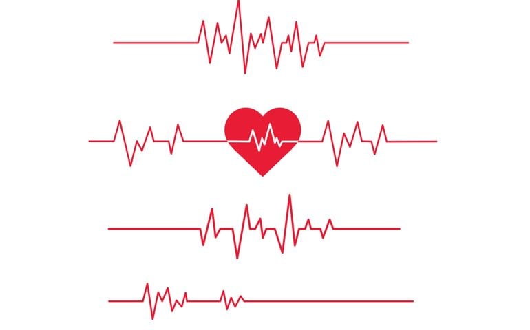 Red heartbeat line icon on white background.